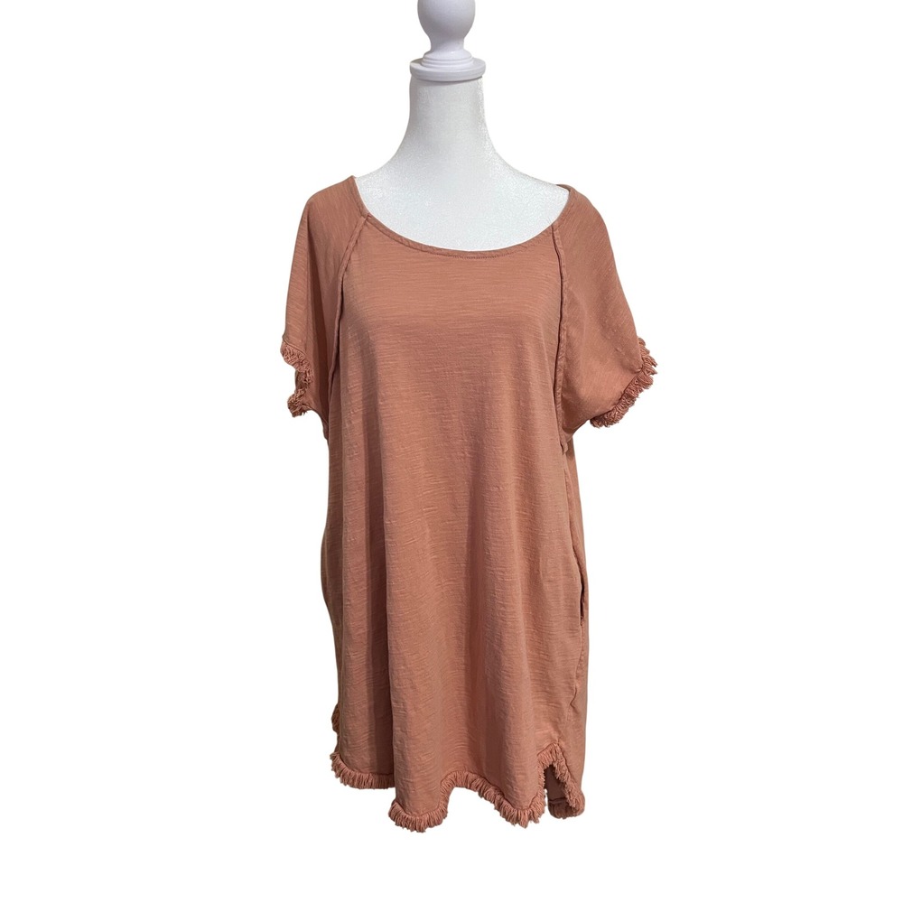 Umgee USA Terracotta Cotton Fringe Trim Shift Dress Boho Pockets C2347 Large